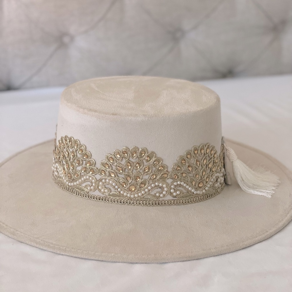 Hats N Roses Bridal Collection Boater Suede Ivory and Gold
